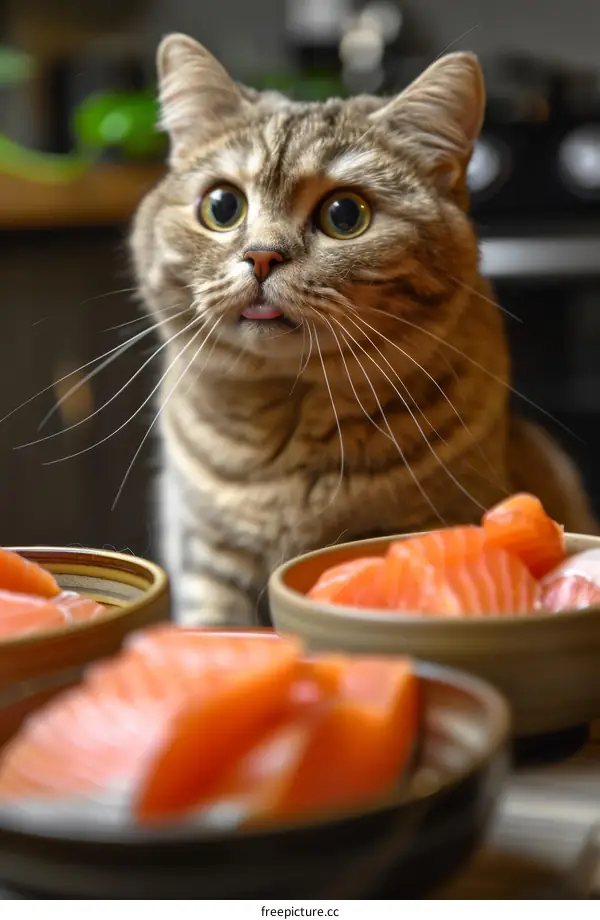 Cat looking at salmon