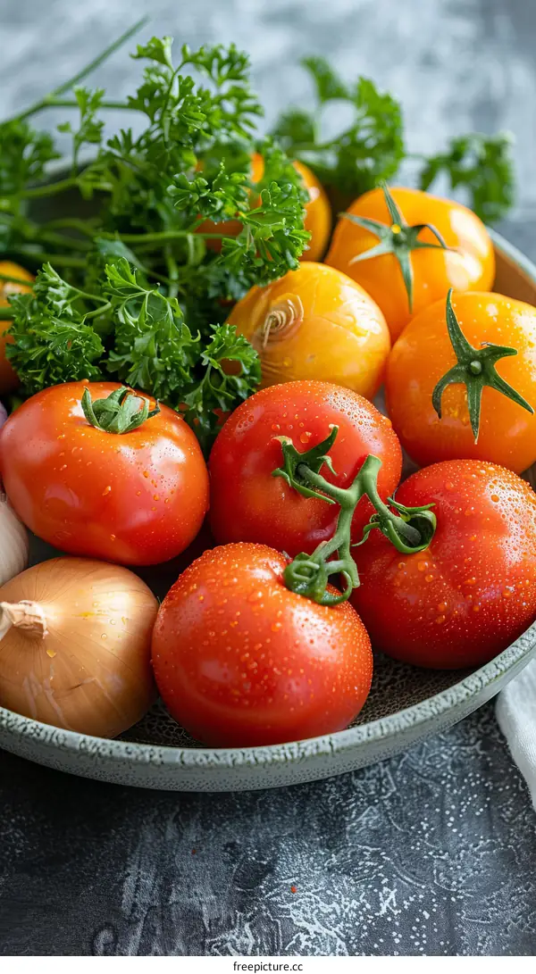 Fresh Organic Vegetables and Herbs on a Ceramic Plate