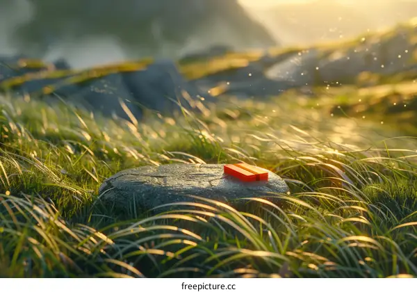 The Red Monolith in the Grass Field