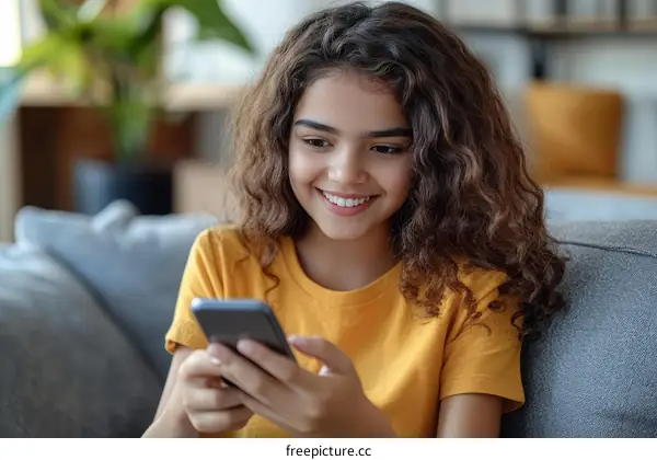 Teenage Girl Using Smartphone on Sofa