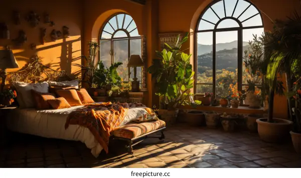 Elegant bedroom interior with large windows overlooking a beautiful landscape