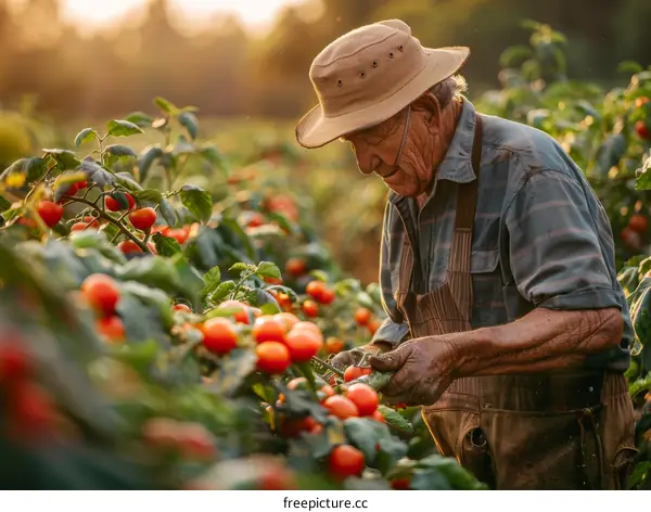 elderly farmer in a field of ripe tomatoes
