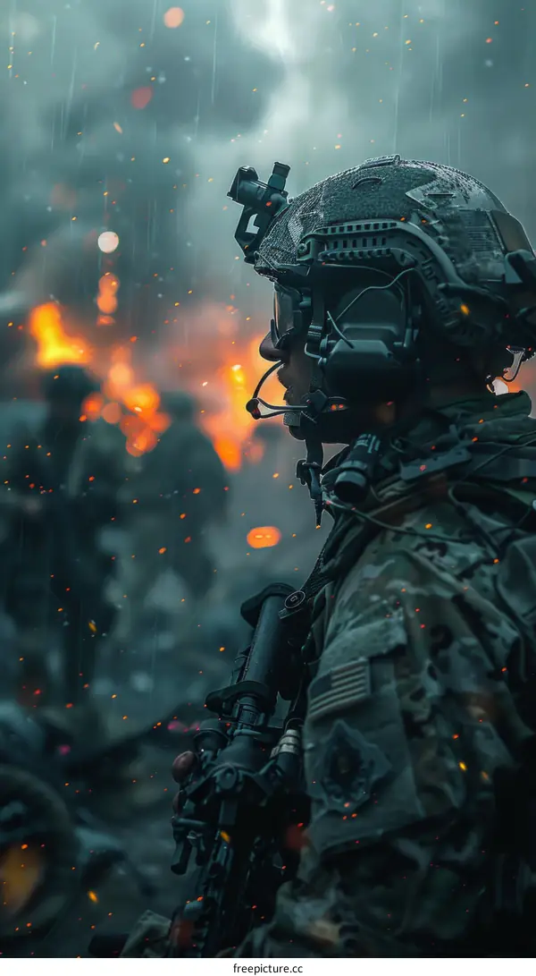 Soldier in full combat gear standing in the rain under heavy fire