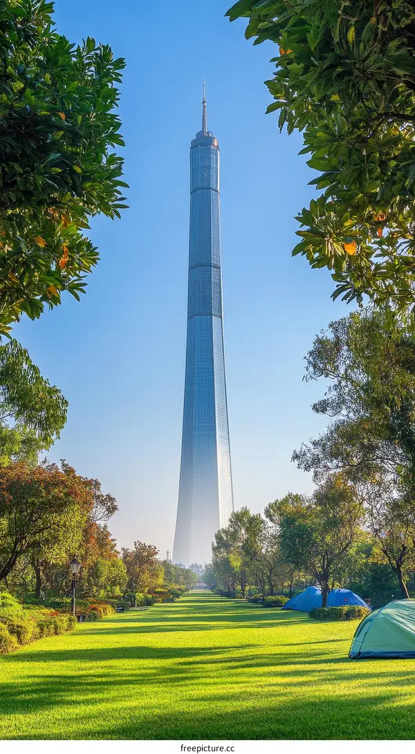 Modern Skyscraper in a Lush Park Landscape