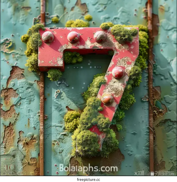 3D Rendering of a Rusty Metal Number Seven Adorned with Moss
