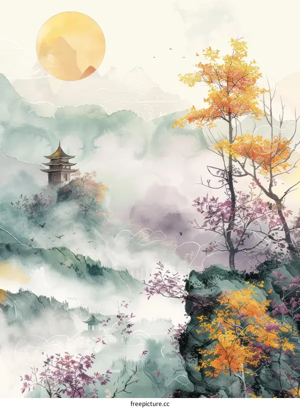 Serene Autumn Mountain Landscape Painting with Traditional Pagoda