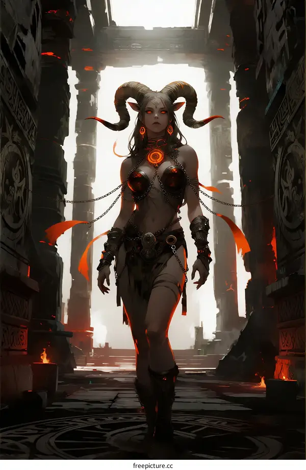 Demonic female with ram horns standing in ancient temple
