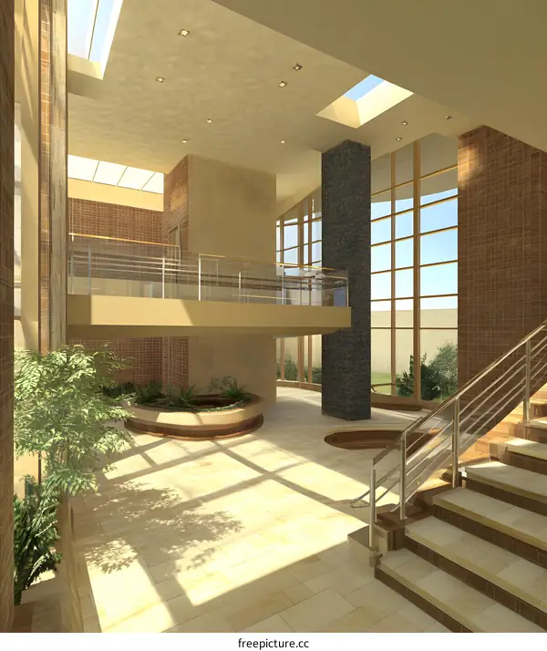 Modern Building Interior Design With Staircase And Plants