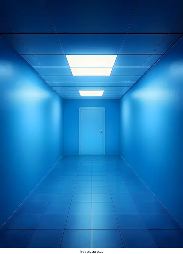 Blue Hallway With a Closed Door and Ceiling Light