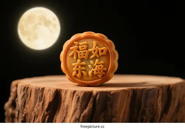 Mooncake with 'Blessings Like the East Sea' inscription under a full moon
