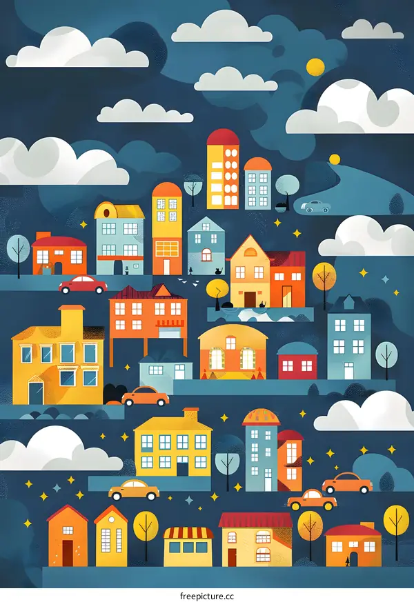 Nighttime Cityscape with Colorful Houses