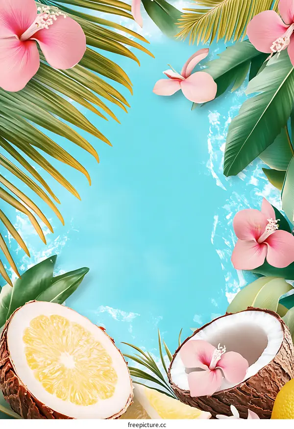 Tropical Summer Background with Fruits and Flowers