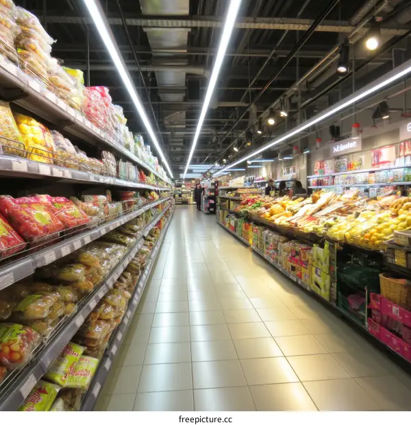Modern Supermarket Grocery Aisles with Diverse Food Products