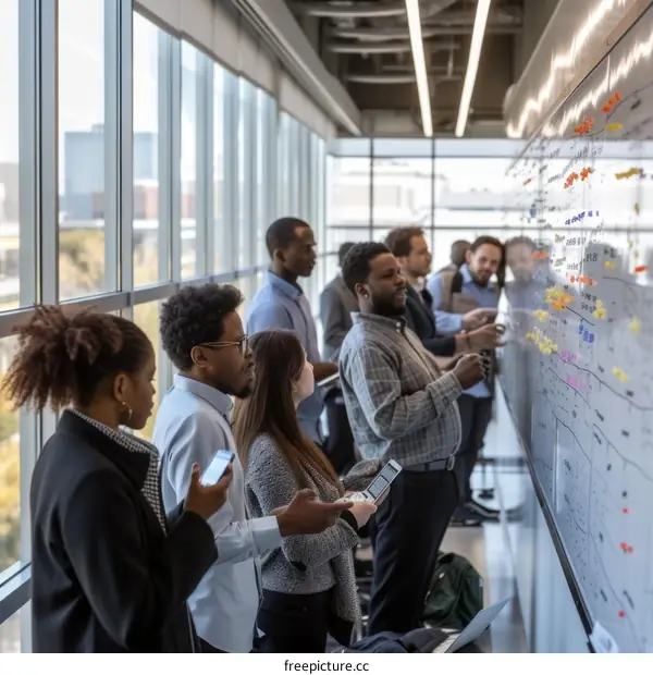 Diverse group of people looking at a map on a wall