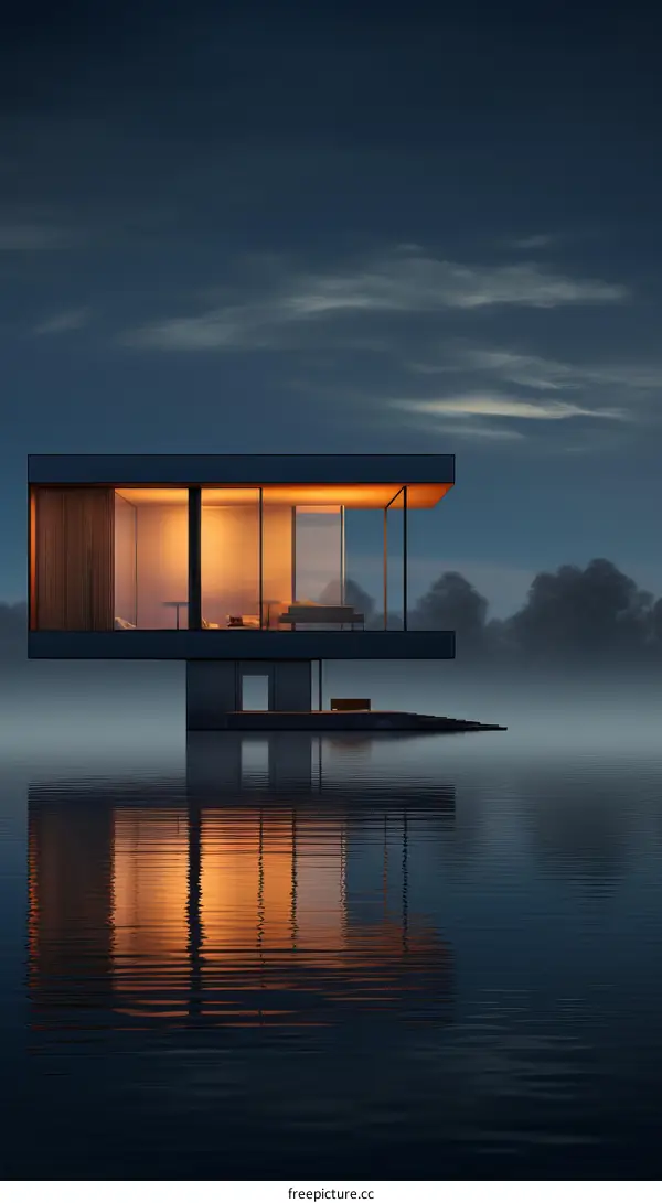 Modern Lakeside House Exterior with Warm Lighting at Night