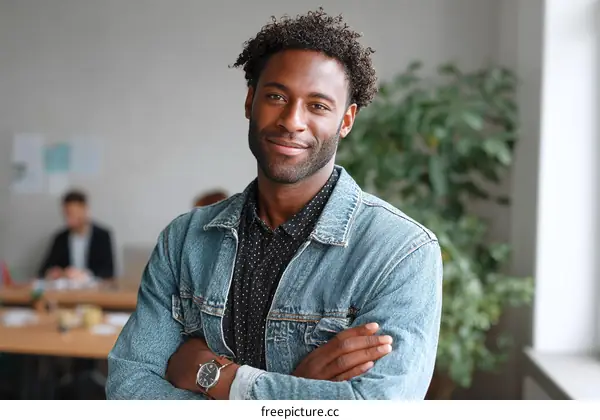 Confident Black Man in Casual Denim Jacket