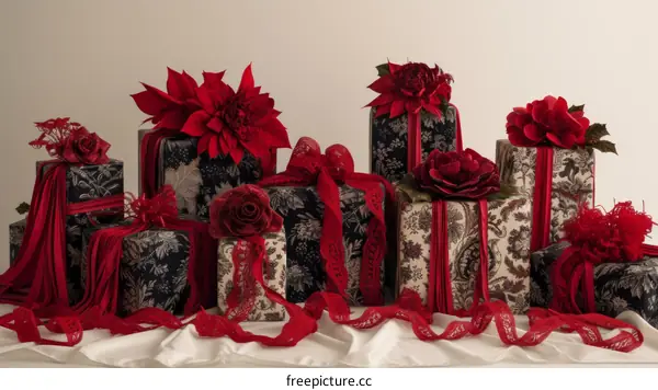 Black and red Christmas presents with red ribbons and bows