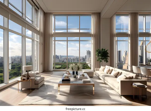 A modern living room with a large windows and a view of the city