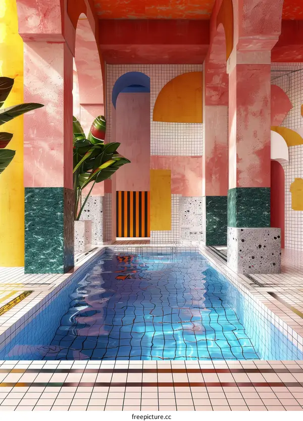 A surreal and colorful 3D rendering of a swimming pool