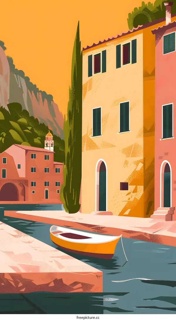 Illustration of a Boat in a Canal With Buildings and a Mountain in the Background