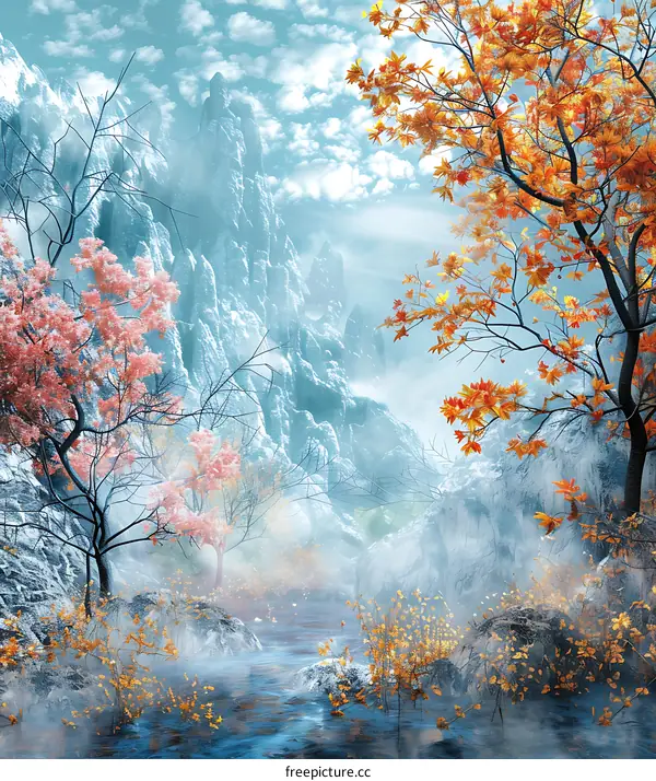 Winter Landscape with Snowy Mountains and Foggy Creek