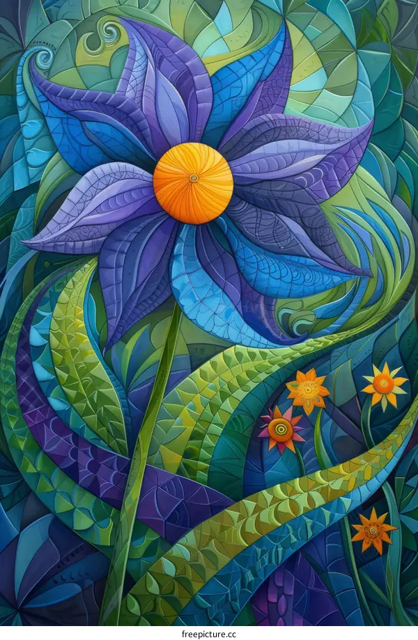 Colorful intricate flower with green leaves and yellow center