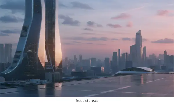 Futuristic Urban Skyline with Sleek Skyscrapers at Sunset