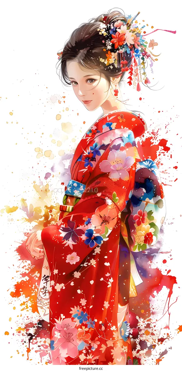 A Japanese Geisha wearing a red kimono