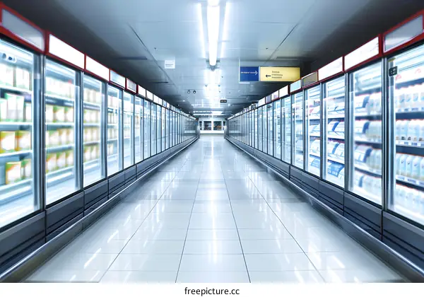 Empty Supermarket Freezer Aisle With Bright Lights