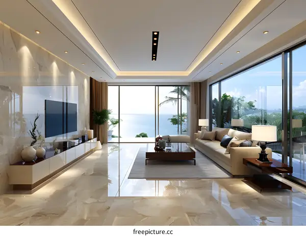 Modern living room with sea view