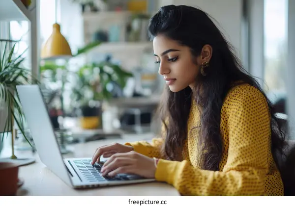 Young Woman Working on Laptop in Modern Home Office