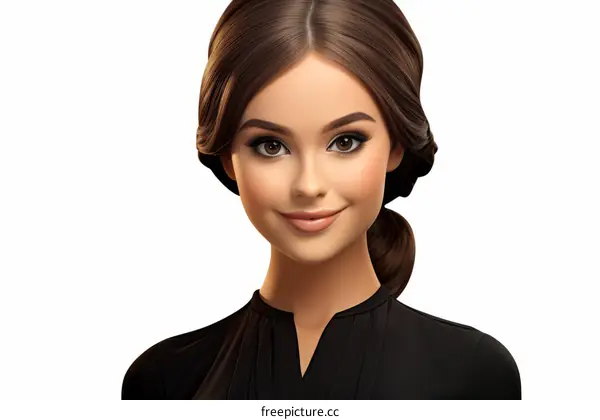 An illustration of a young woman with brown hair and brown eyes wearing a black shirt