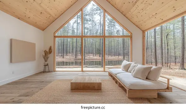 Modern Wooden Cabin Living Room with Panoramic Forest Views