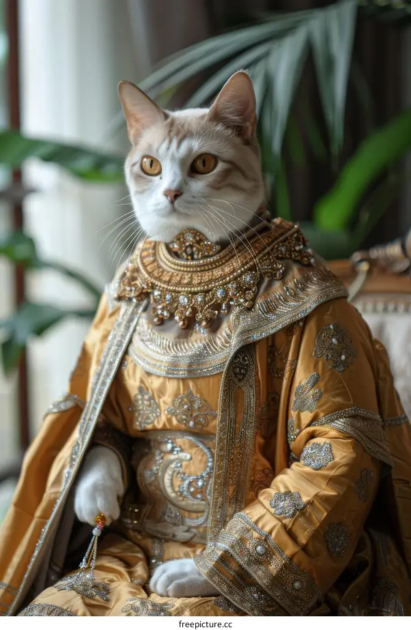 A cat wearing a golden dress is sitting on a chair