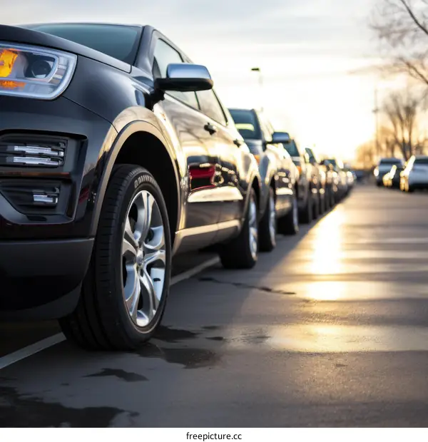 SUV Lineup at Car Dealership in Sunset