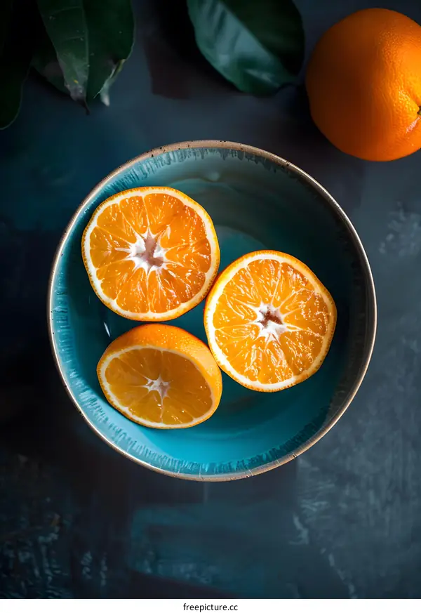 Three Orange Halves in a Blue Bowl on a Dark Background