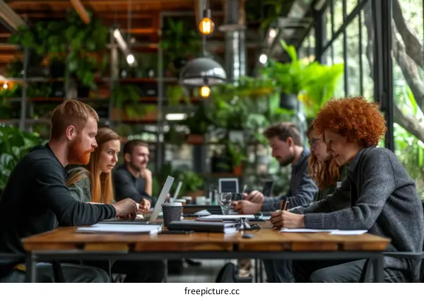 A group of people working together in a cafe