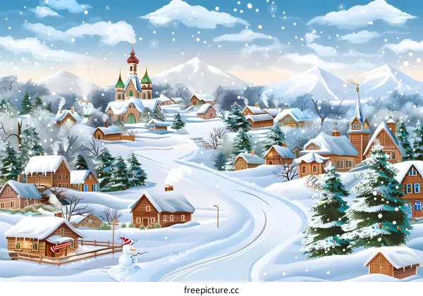 Winter Village with Church, Snow and Mountains
