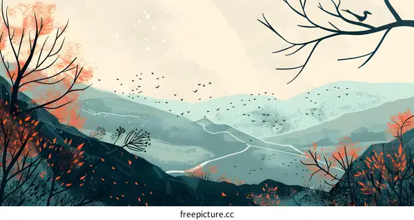 Minimalist Illustration of a Mountain Landscape with Birds Flying in the Sky