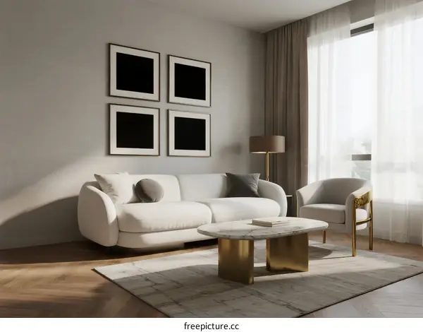 Modern Living Room with White Sofa and Marble Coffee Table