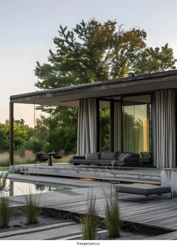 Modern Outdoor Patio with Pool and Lounge Chairs