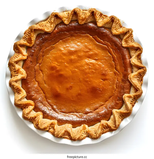A delicious pumpkin pie sits on a white surface