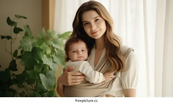 A mother is holding her baby in a baby wrap