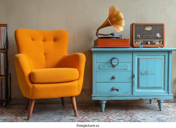 Retro Vintage Living Room Style with Orange Armchair and Teal Cabinet