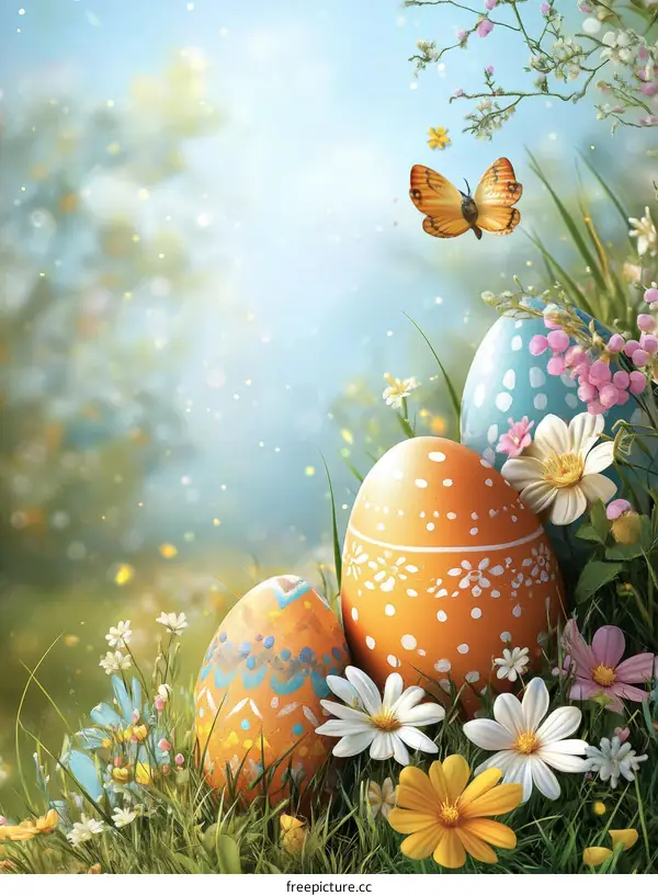 Easter eggs among flowers and butterfly