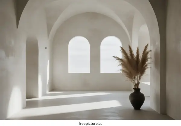 Minimalist white interior space with arched windows and pampas grass