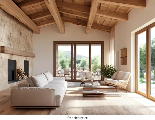 Modern Minimalist Living Room Design With Wooden Beams And Natural Light