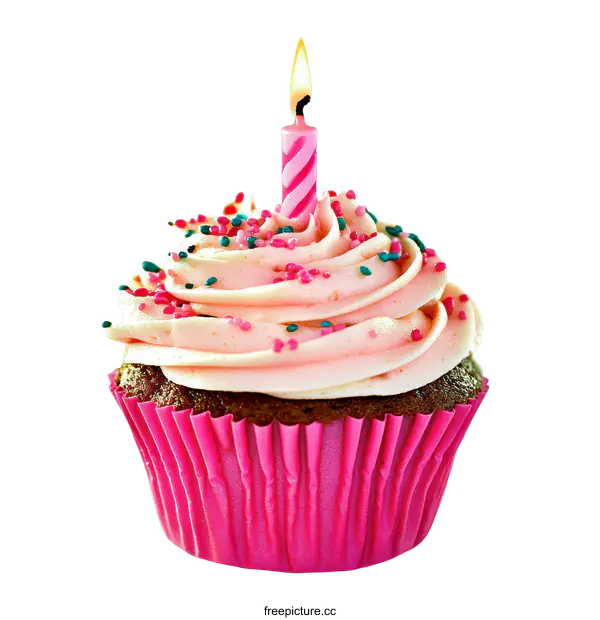 [Transparent Background PNG]Birthday Cupcake with Pink Candle and Sprinkles