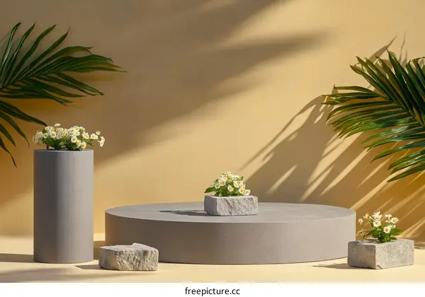 Minimalist Display Podium with Flowers and Palm Leaves