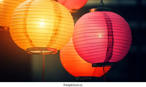 Colorful Paper Lanterns Hanging in the Evening